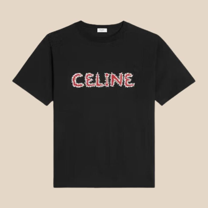 Celine Rhinestone Loose T-shirt In Cotton Jersey Black/Red