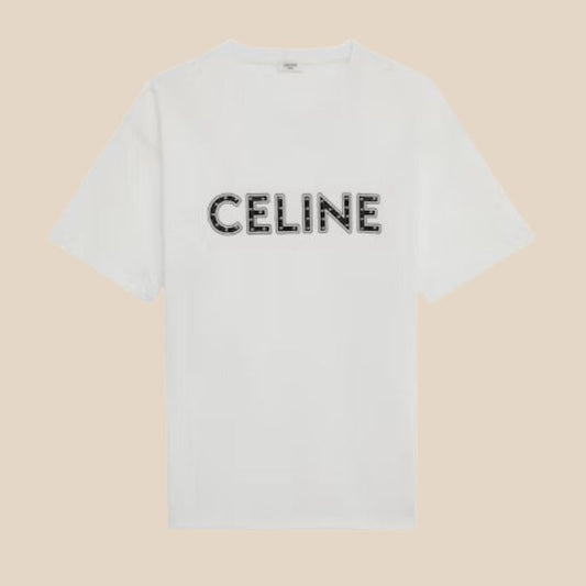 Celine Loose Studded Cotton T-shirt Off White Black