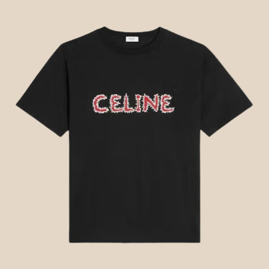 Celine Rhinestone Loose T-shirt In Cotton Jersey Black/Red